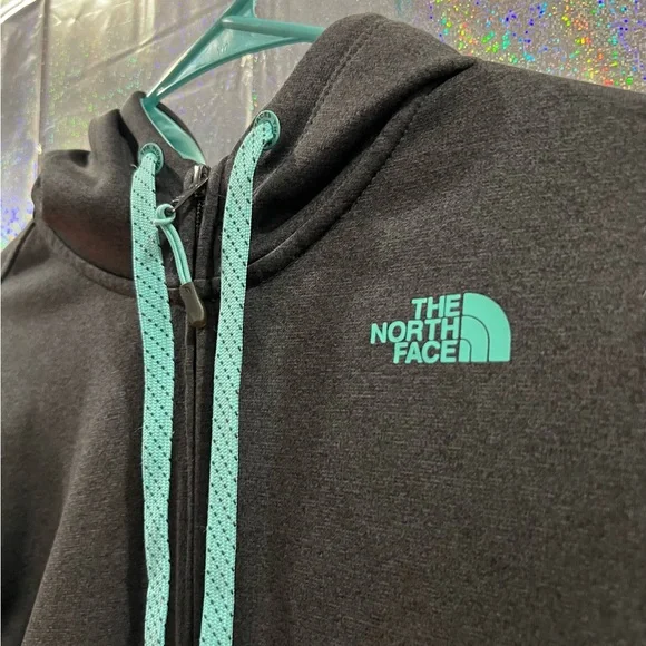 The North Face Dark Gray Full Zip Hoodie Teal Logo Women’s L - Picture 2 of 4